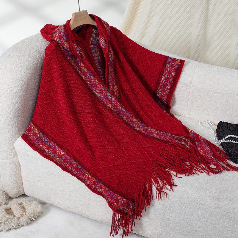 Women's Ethnic Style Knitted Hooded Tassel Cape Women's Sweater