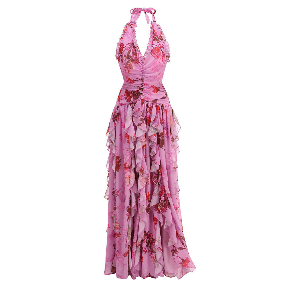 Women's Summer Sleeveless Halter Floral Sexy Flounced Dresses