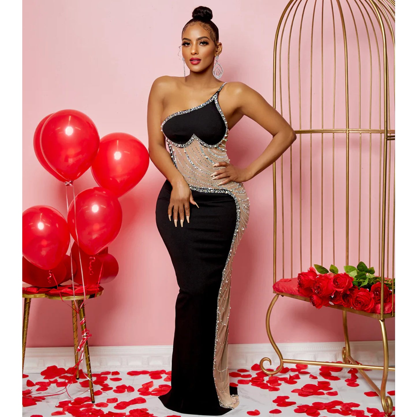 Women's Summer Sexy Mesh Rhinestone Strap Length Dresses