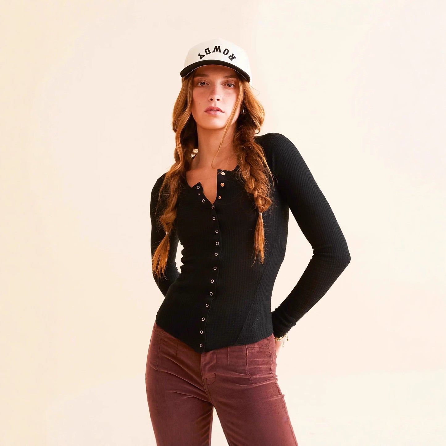Women's Sleeve Round Neck Button Rib Pure Color Women's Sweater