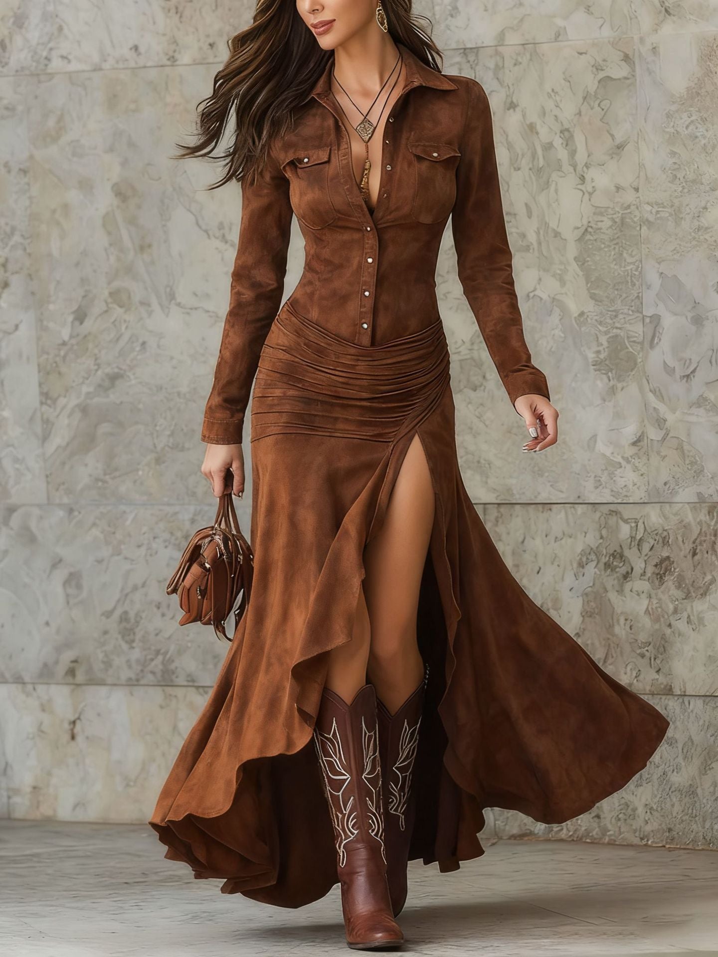 British Retro Style Buttoned Hem Irregular Dress