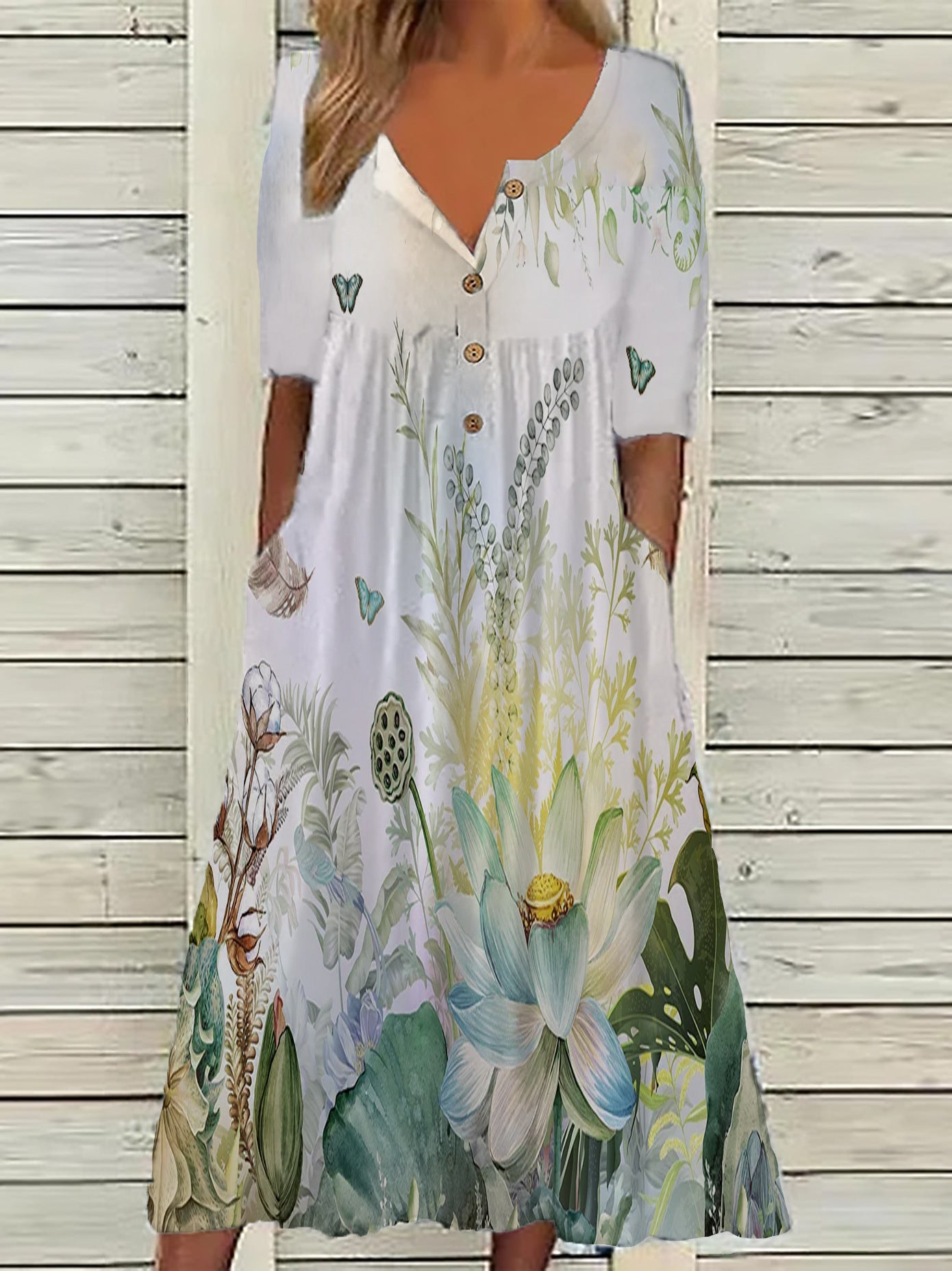 Women's Printed Pocket Clinch Long Dress Plus Size