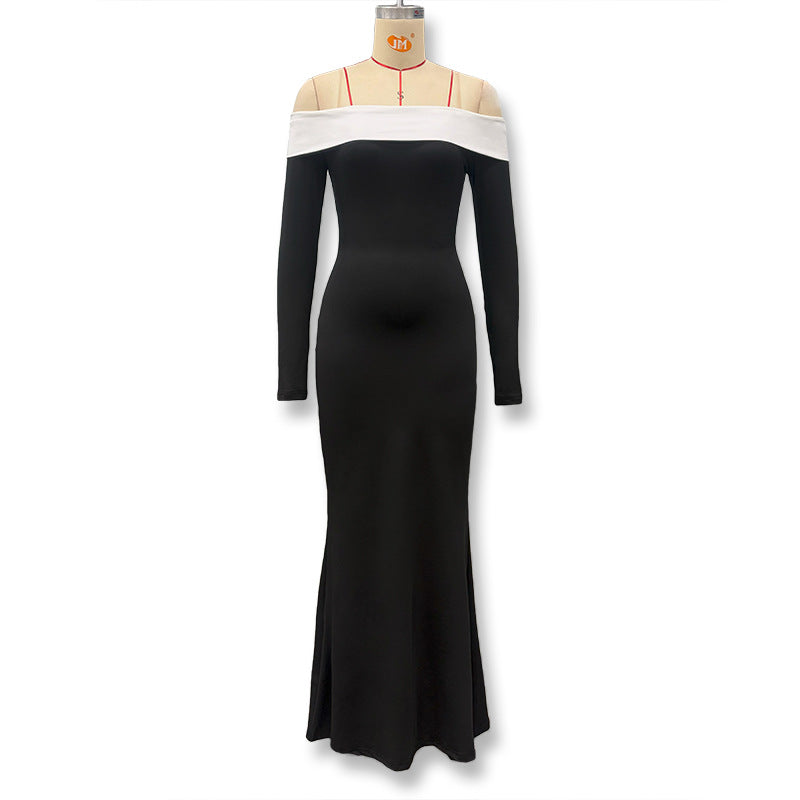 Women's Fashion Color Contrast Long Sleeve Narrow Dress