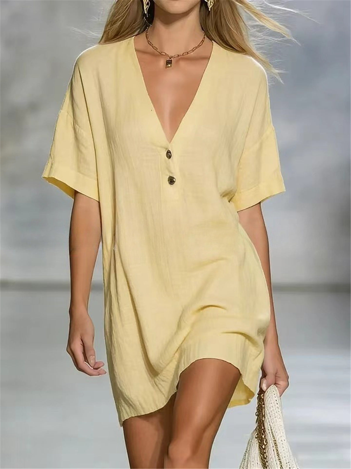 Women's Fashion Sleeve Solid Color Casual Button Dress