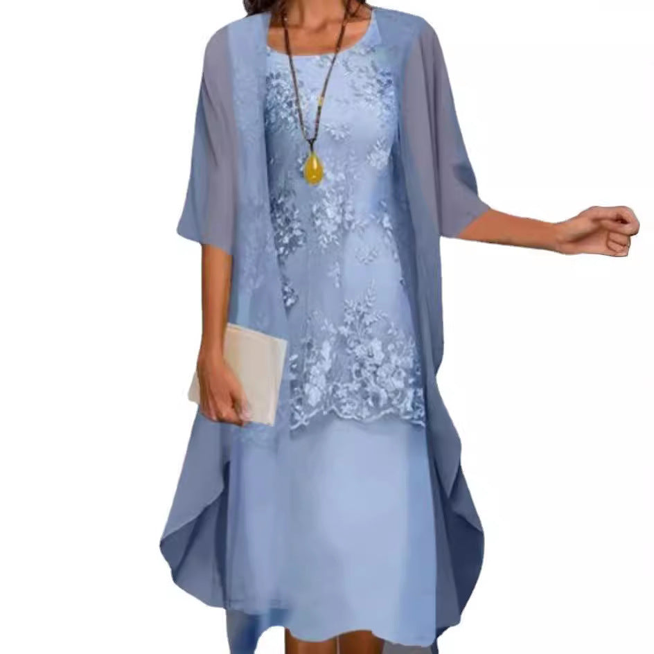 Fashion Elegant Lace Chiffon Two-piece Set Dress