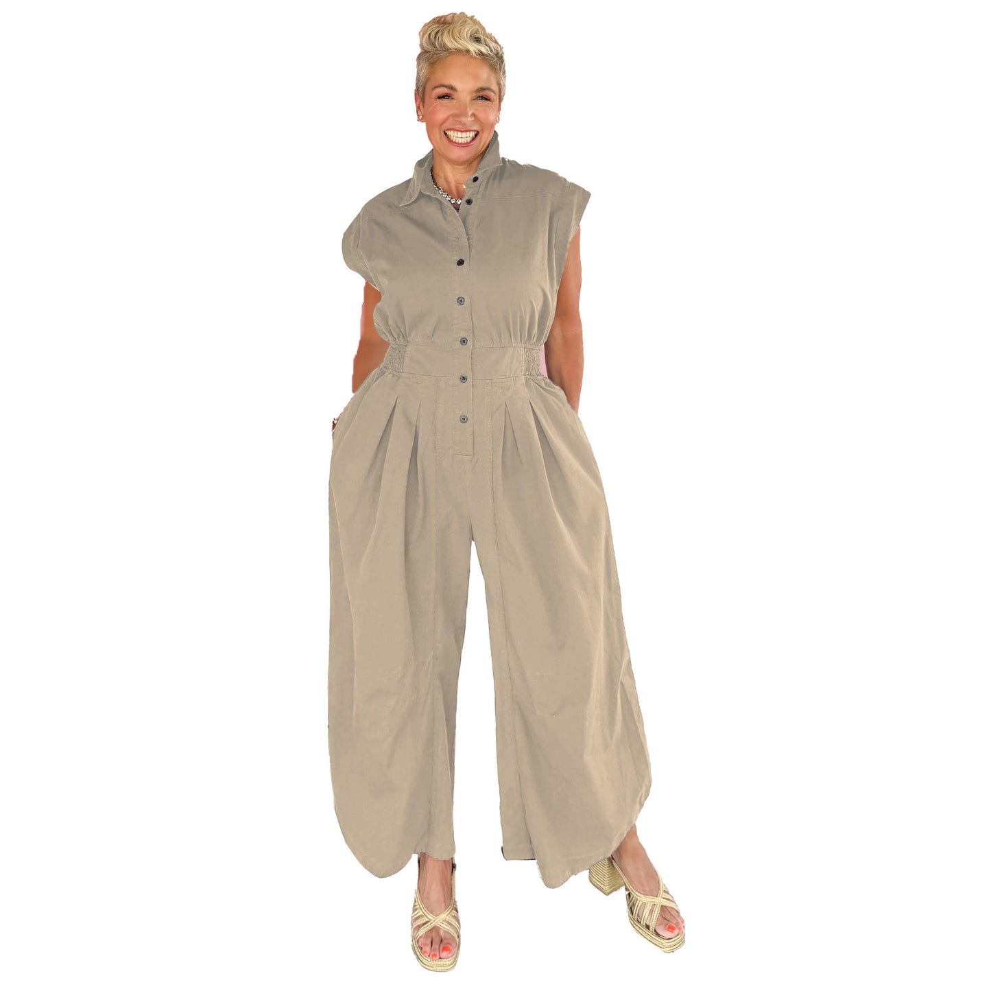 Lapel Sleeveless Button Tight Waist Overalls Suits