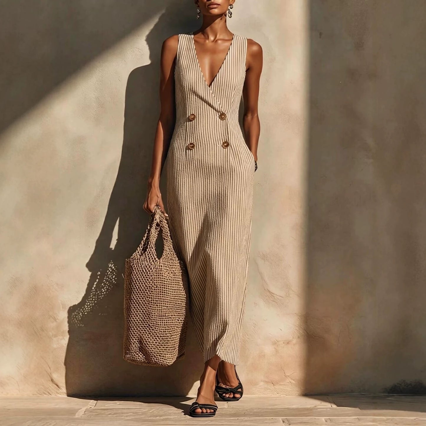 Women's Striped Button Fashion Long Exquisite Refined Dress