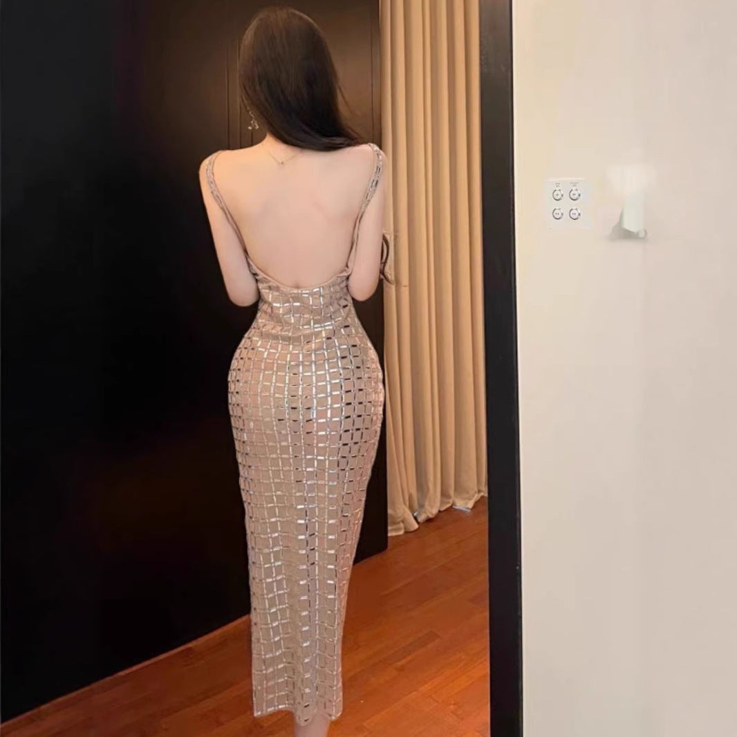Women's Color Rhinestone Backless Light Luxury Minority Banquet Birthday Sexy Dresses