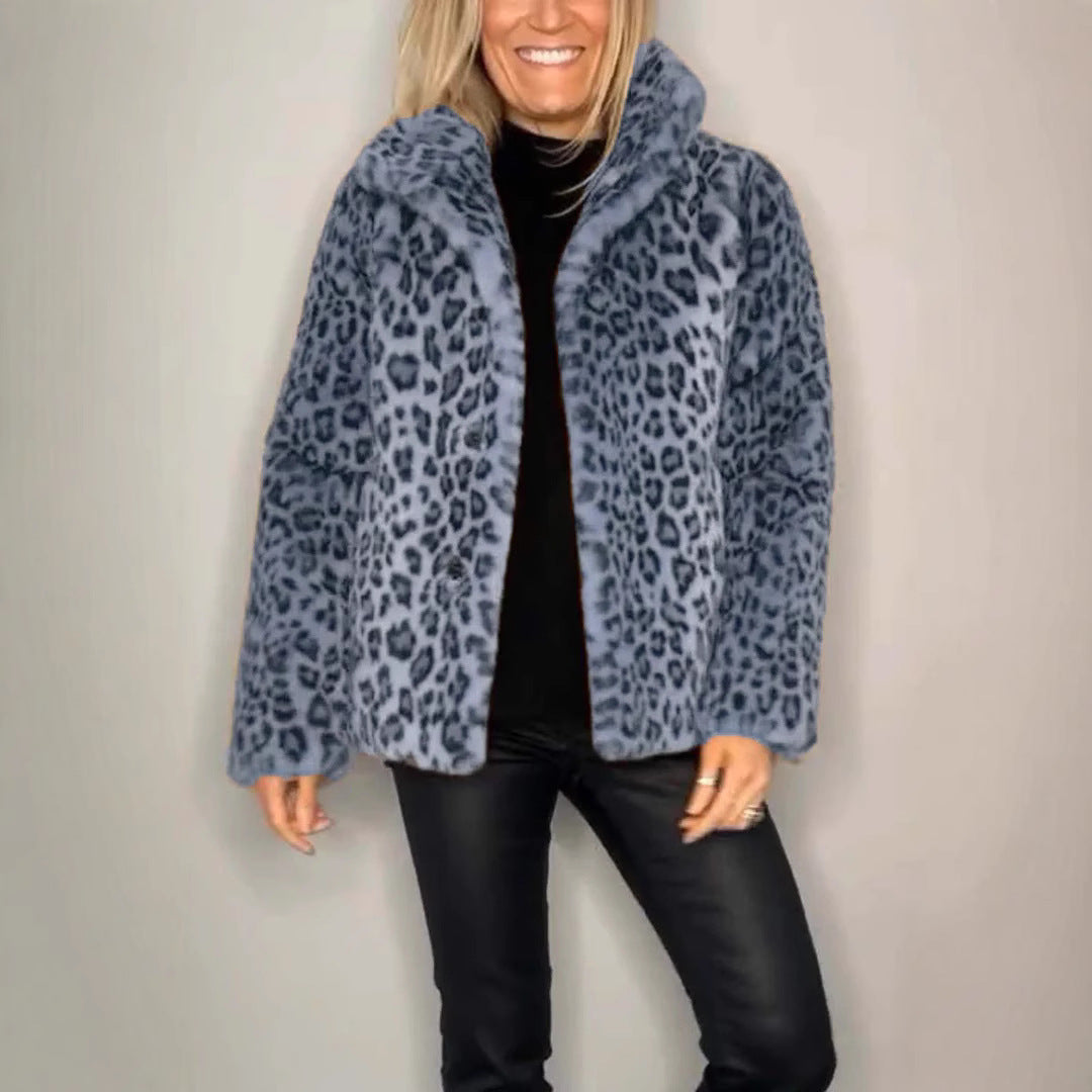 Women's Winter Fashionable Leopard Print Lapel Imitation Coats