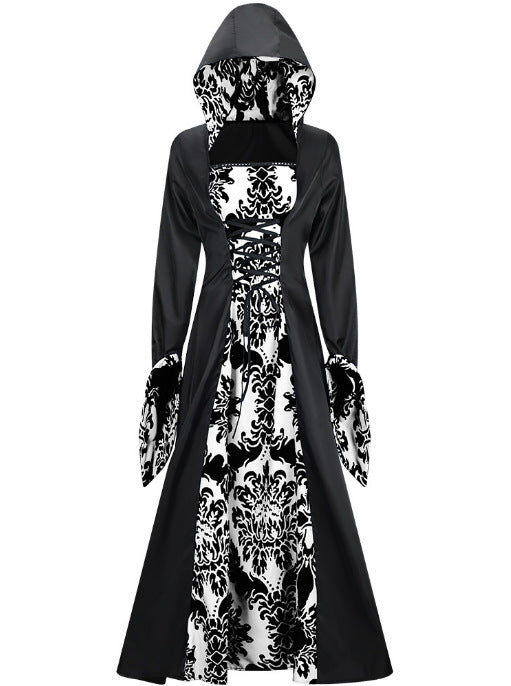 Retro Palace Style Long Sleeve Hooded Wide Hem Printed Dress