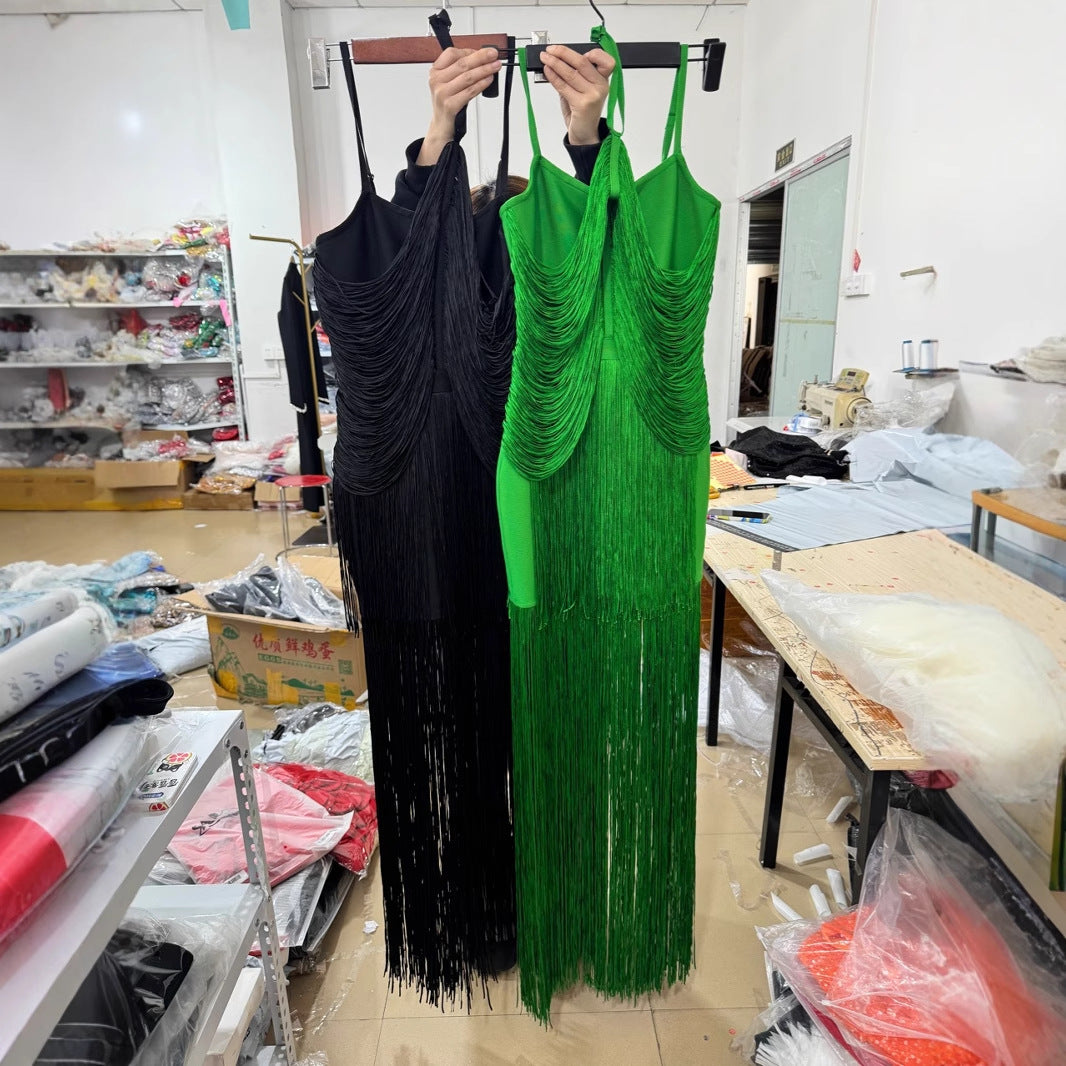 Green Halter Spaghetti Straps Long Dress Fringed Hem Dinner Dresses