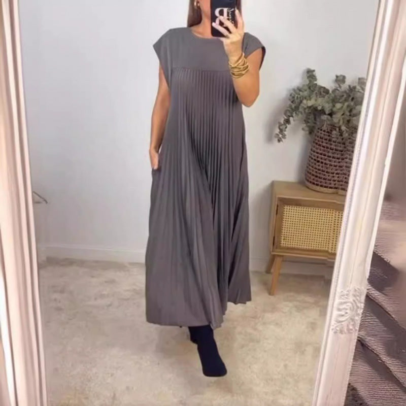 Women's Fashion Round Neck Sleeveless Pleated Dress Dresses