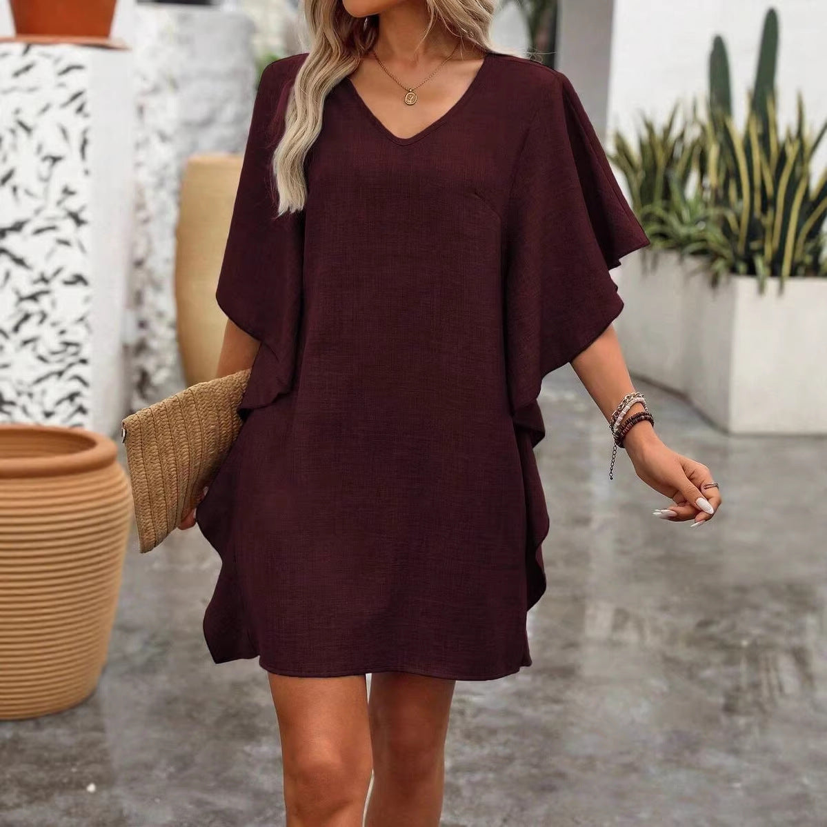 Women's Summer Solid Color Loose Lotus Leaf Dress