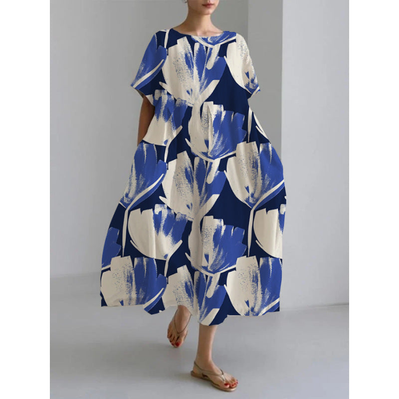 Women's Round Neck Fashion High-grade Short-sleeved Printed Dresses