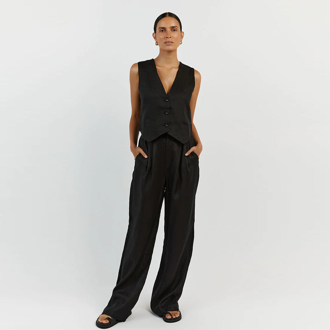 Women's Cotton Linen Sleeveless Waistcoat Trousers Two-piece Set Suits