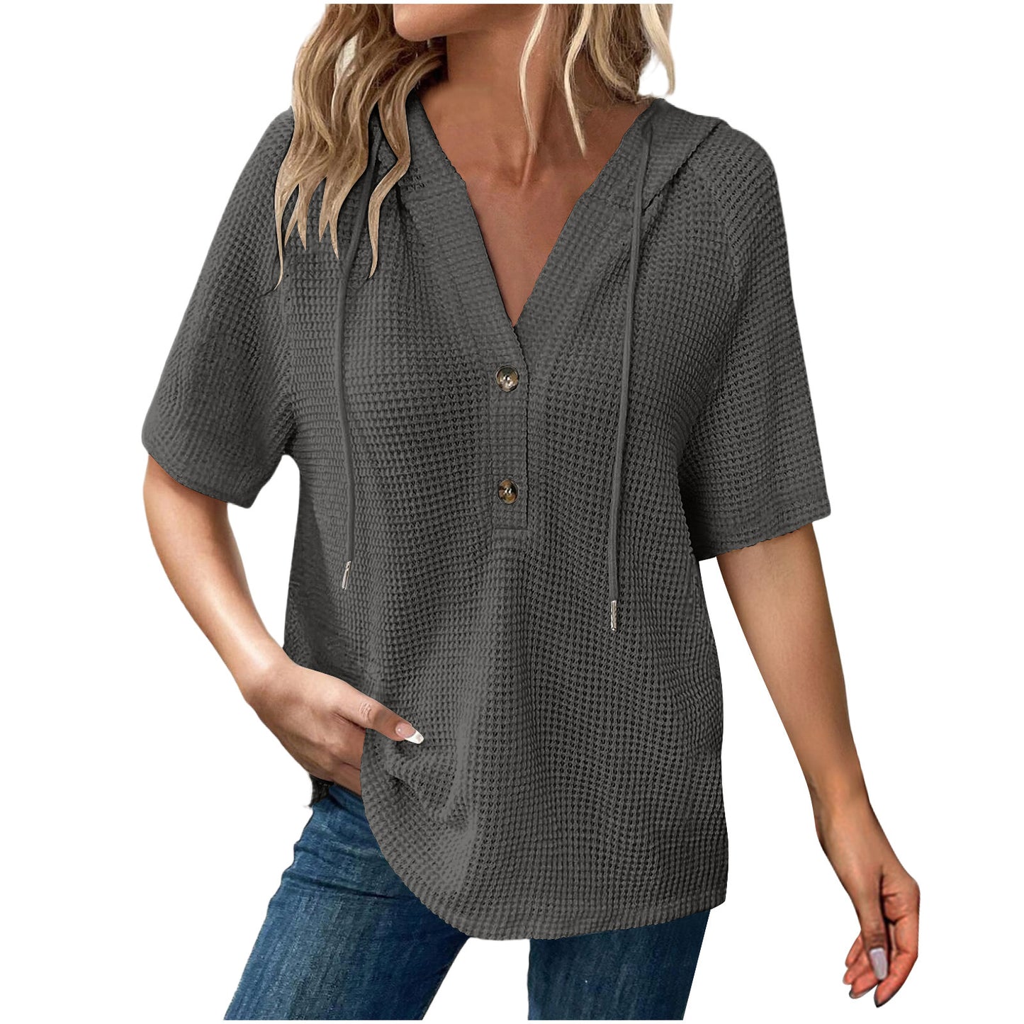 Women's Solid Color Waffle Hooded Button Loose Sleeve Shorts