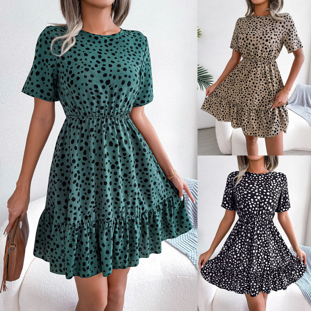 Women's Clearance Casual Polka-dot Cinched Ruffled Large Dress