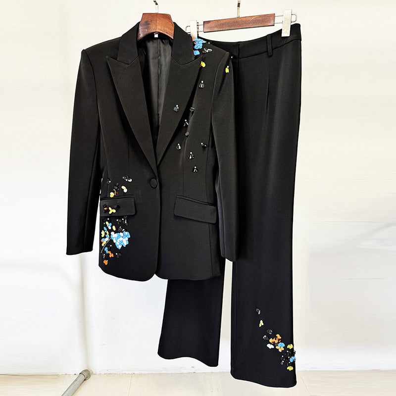 Elegant Color Sequined One Button Trousers Suits