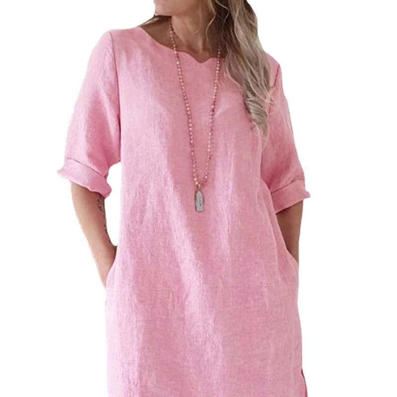 Women's Solid Color Cotton Linen Sleeve Round Neck Dress