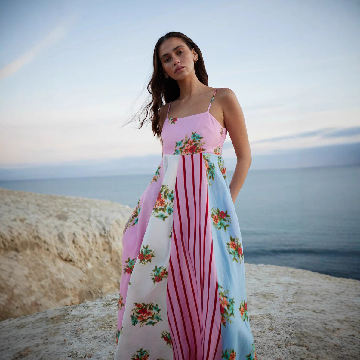 Sexy Sling Vacation Style Flower Linen Dress