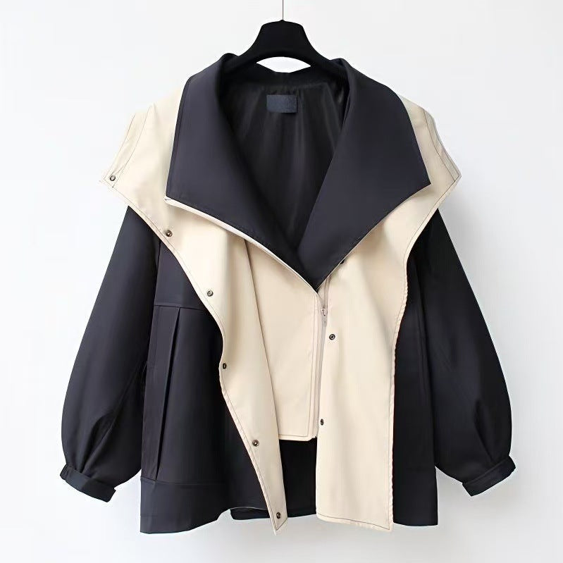 Women's Autumn Loose Lapels Hooded Zipper Patchwork Coats
