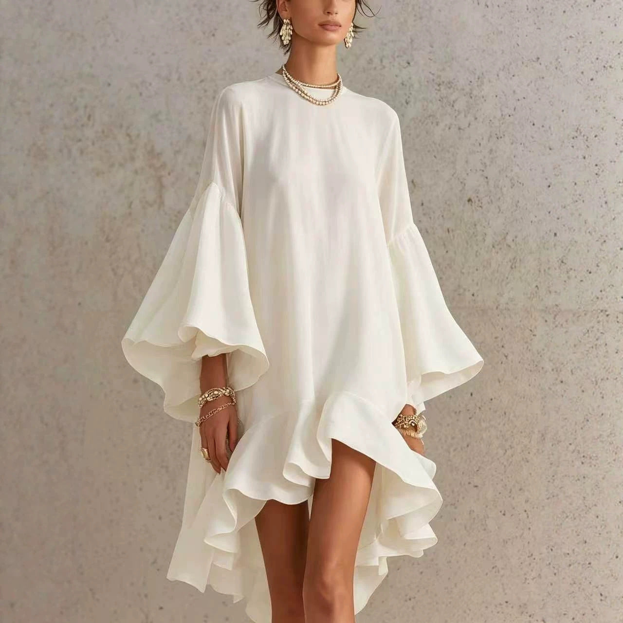 Color Round Neck Large Bell Sleeve Ruffled Dress