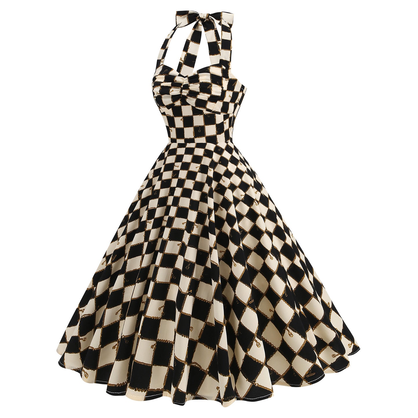 Women's Hepburn Style Abstract Rose Print Backless High Waist Halter Large Dress