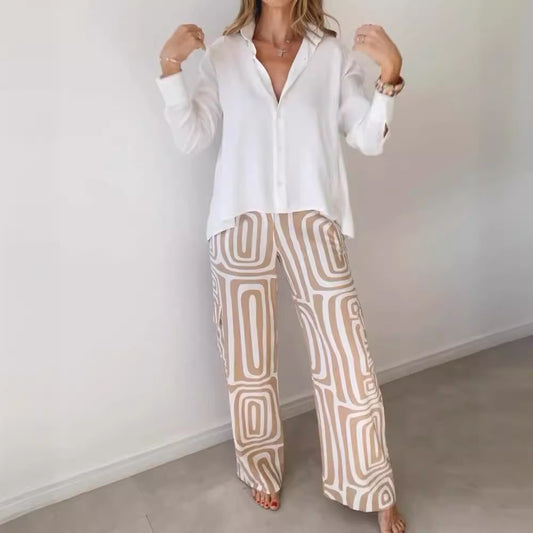 Women's Printing Commuter Shirt Loose Trousers Two-piece Suits