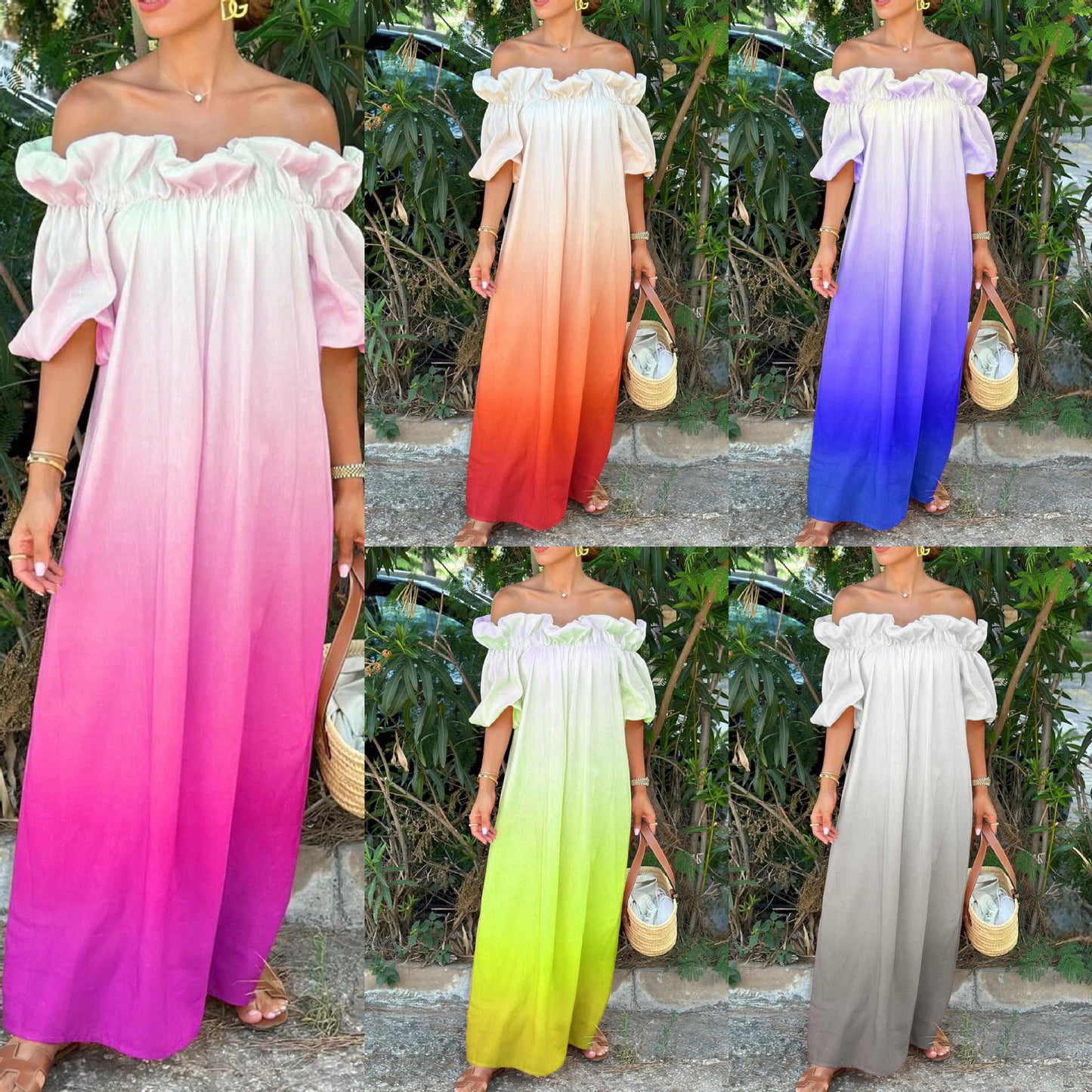 Gradient Backless Lazy Puff Sleeve Loose Dress