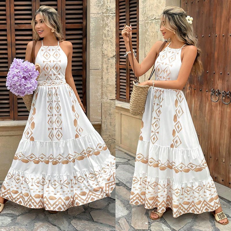 Suspender Waist White Temperament Vacation Style Dress