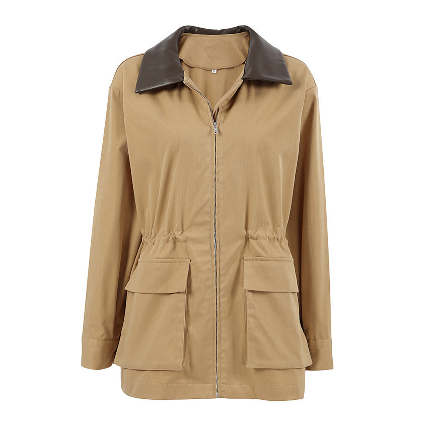Women's Khaki Lapel Trench For French Style Design Coats