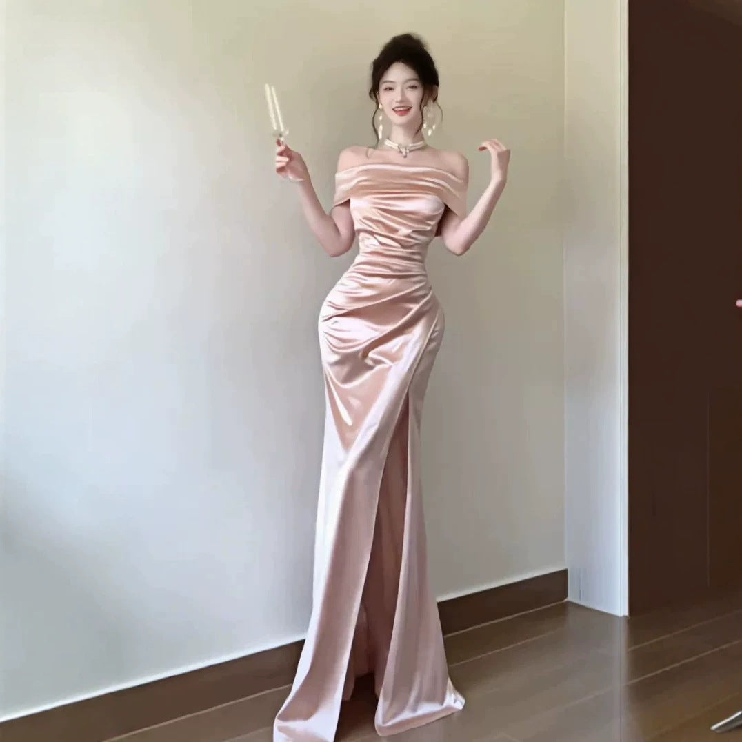 French Style Gown Satin Texture Slit Dress