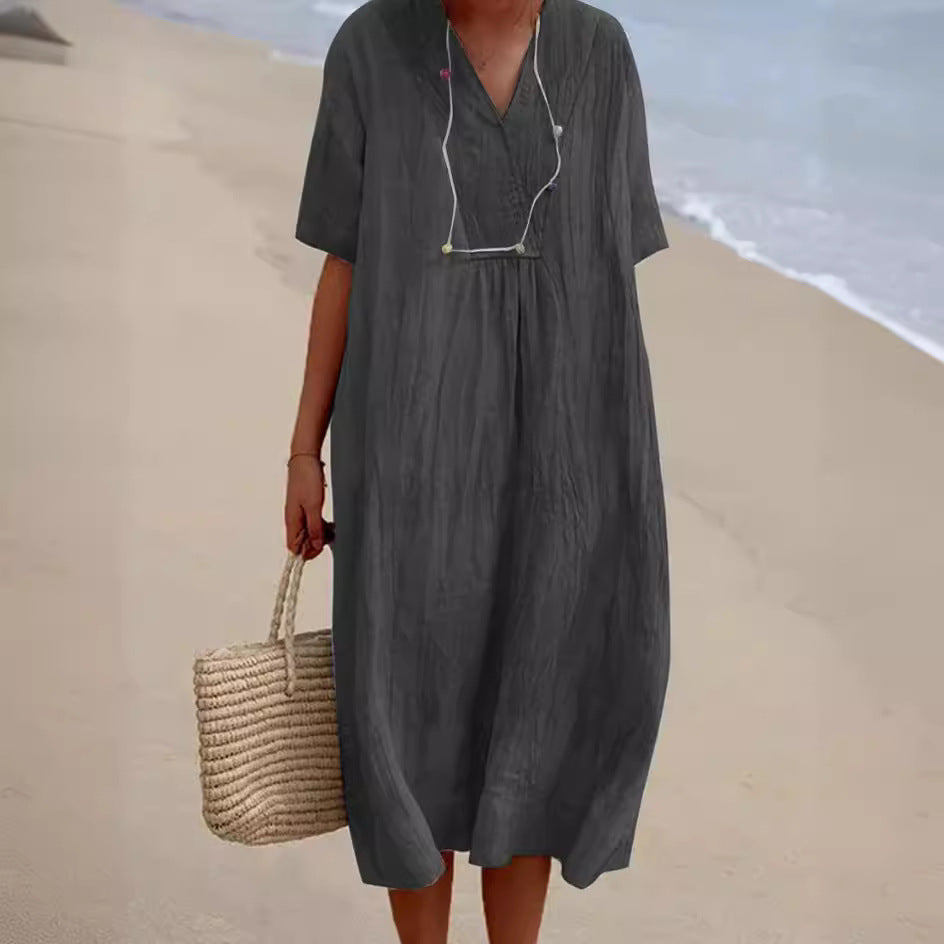 Women's Versatile Casual Solid Color Cotton Linen Dress