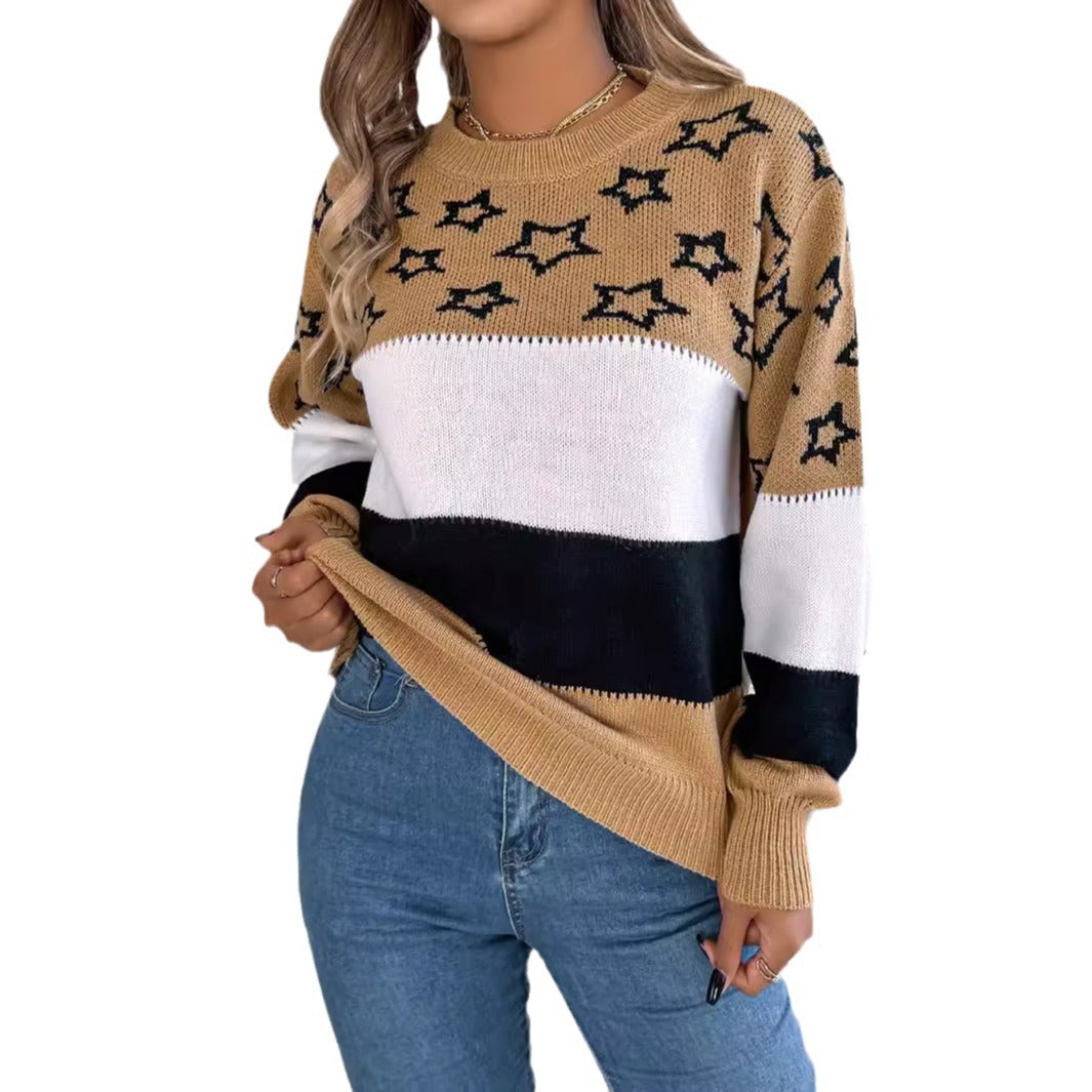 Women's Clearance Casual Contrast Color Star Hollow Sweater