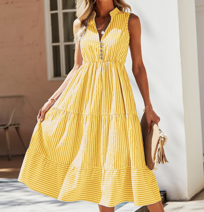 Women's Summer Striped Sleeveless Elastic Waist Large Dresses
