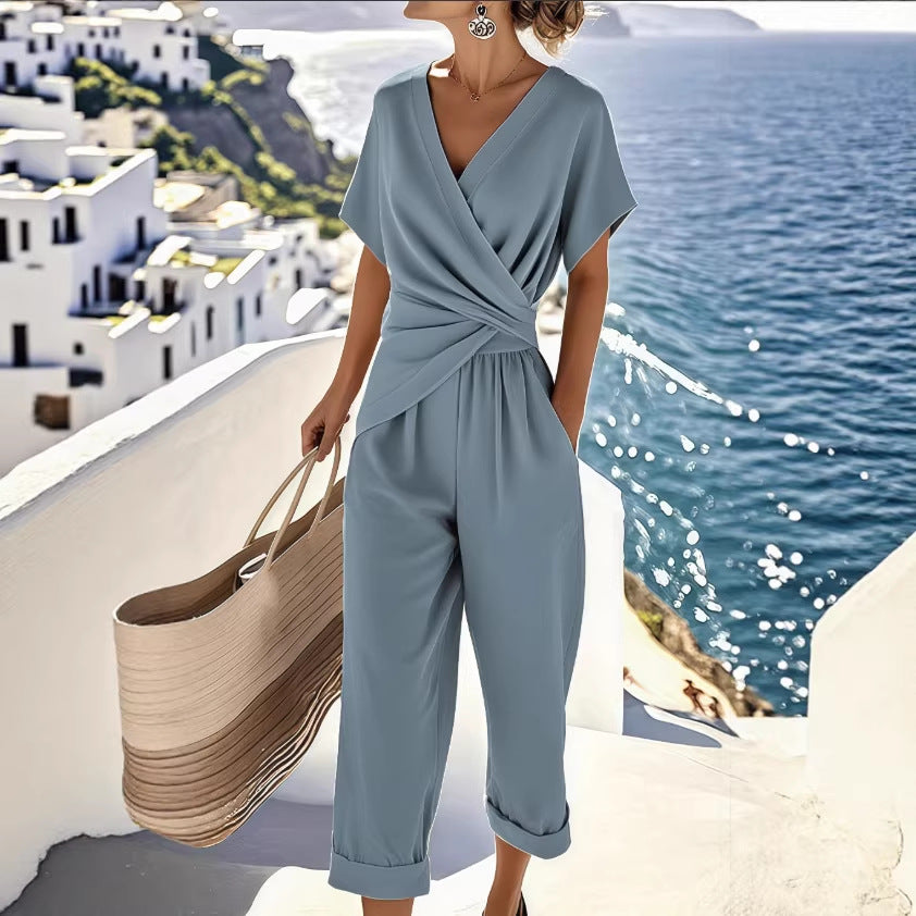 Women's Summer Solid Color Irregular Sleeve Shorts