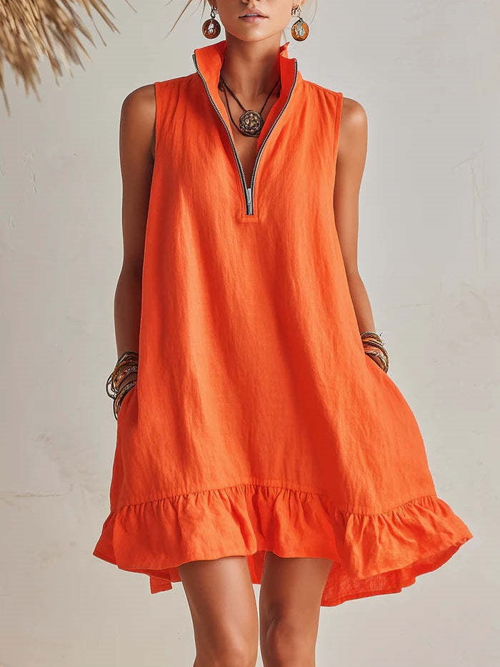Women's Casual Loose Lotus Leaf Half Zip Dress