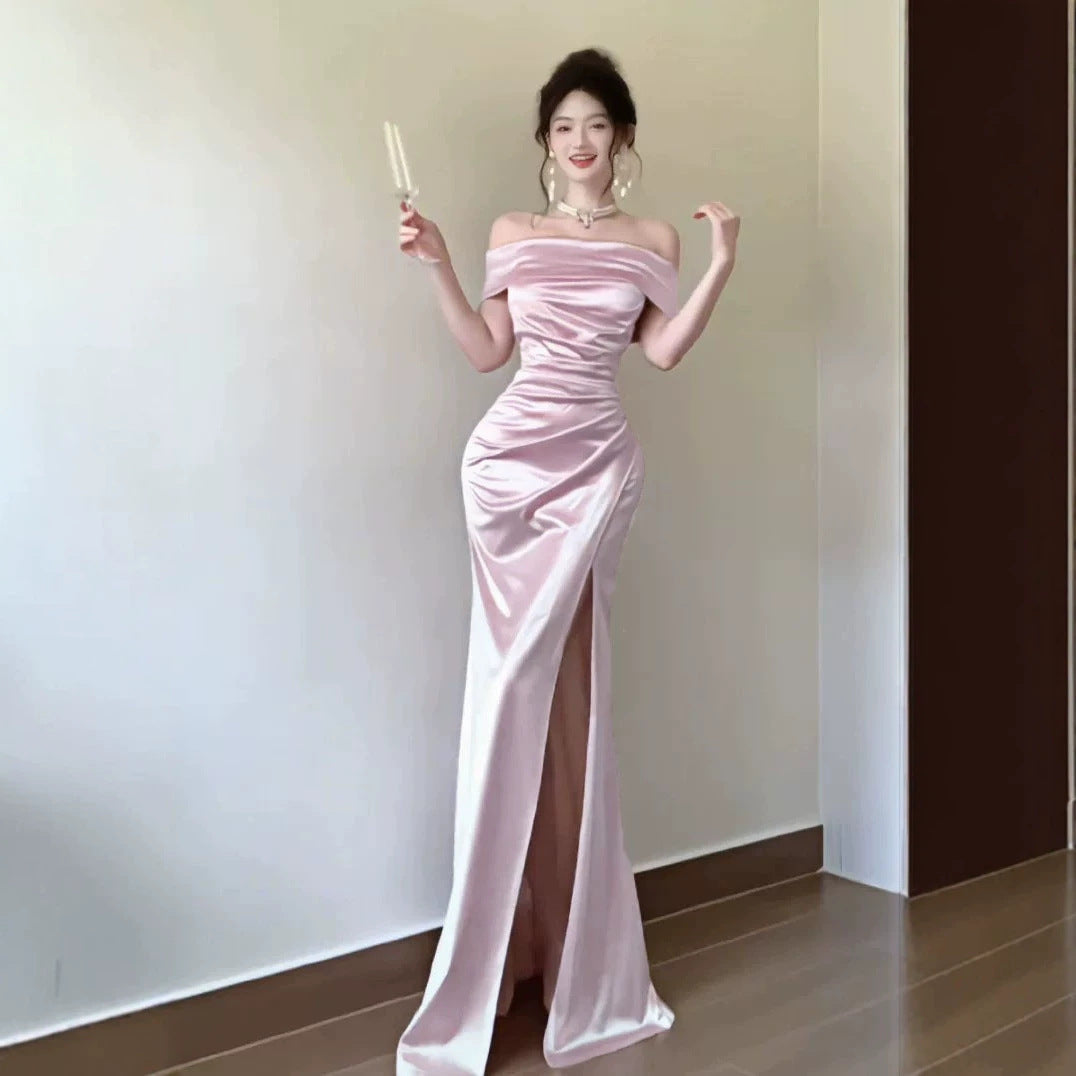 French Style Gown Satin Texture Slit Dress