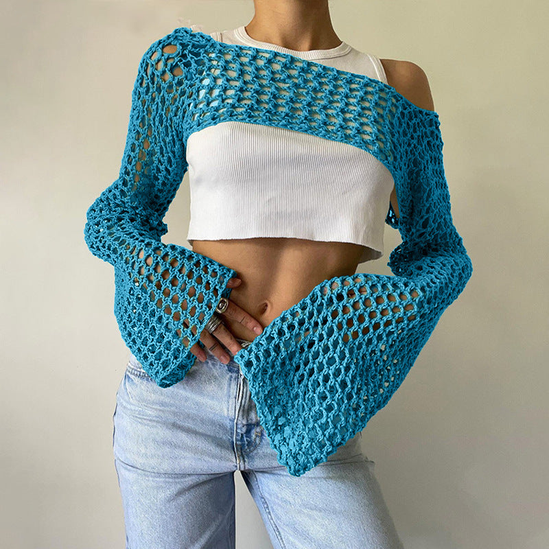 Women's Crochet Casual Bell Sleeve Sexy Mesh Women's Sweater