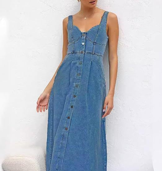 Women's Summer Blue Denim Distressed Strap Single Row Button Dress
