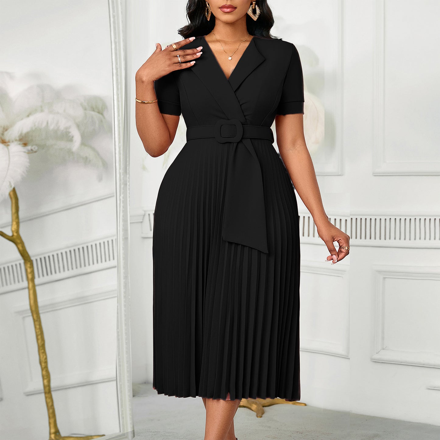 Sleeve Fashion Elegant Pleated High Waist Dresses