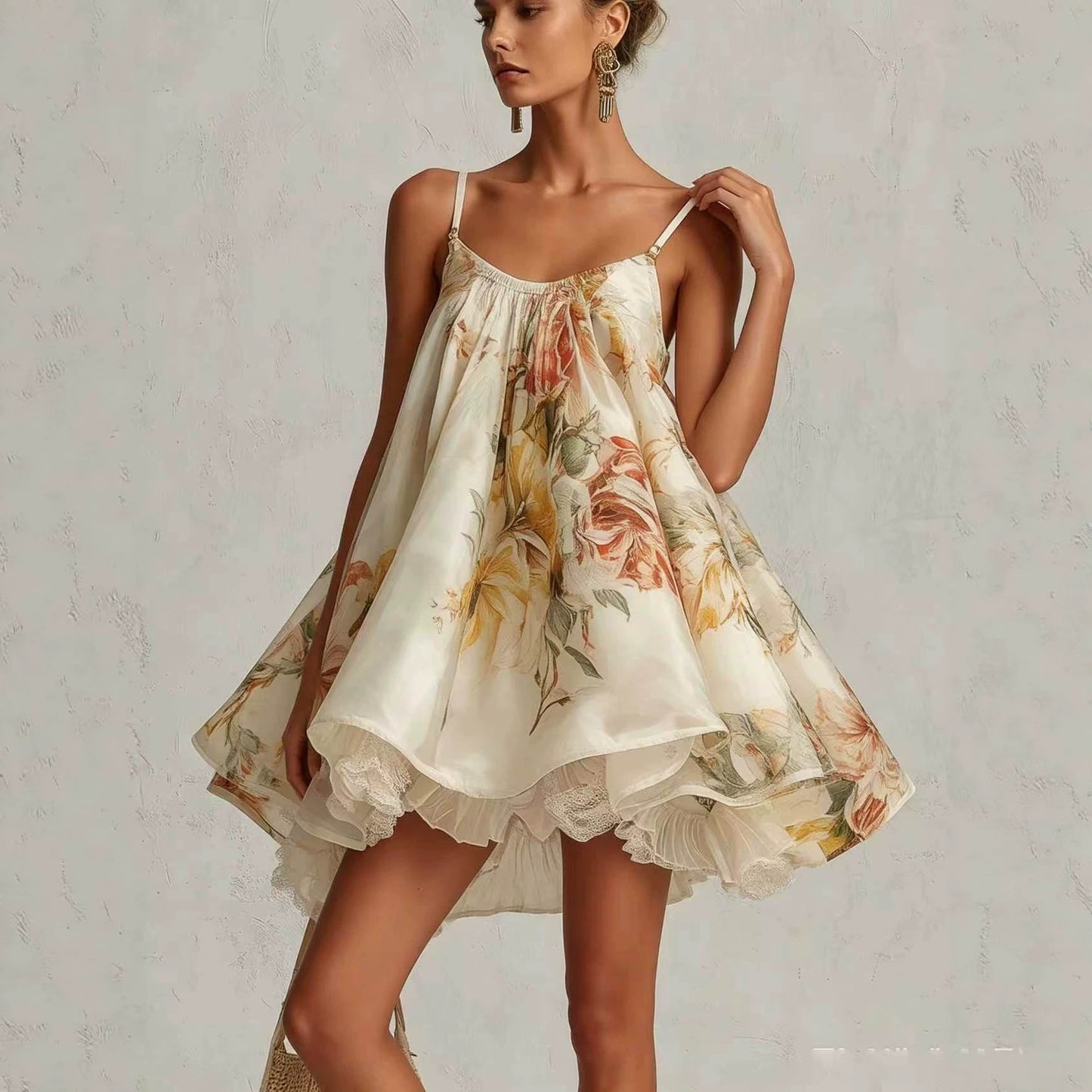 Women's Large Flower Loose Suspenders Puff French Lace Irregular Dress