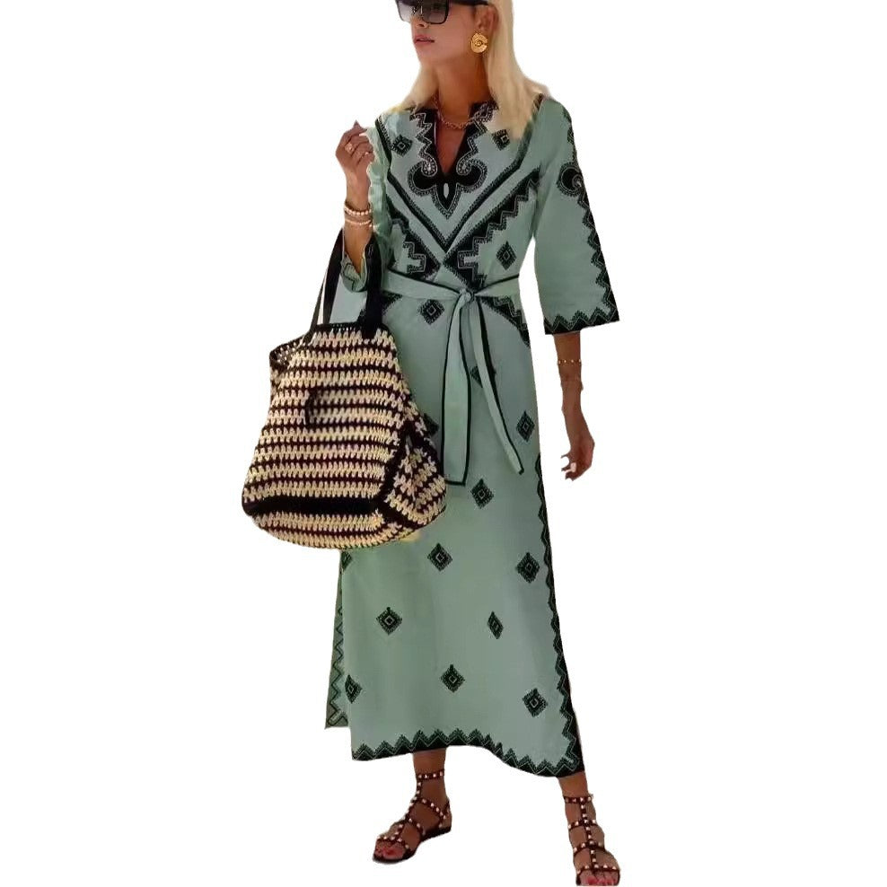 Women's Printed Belt Linen Bohemian Dress Dresses