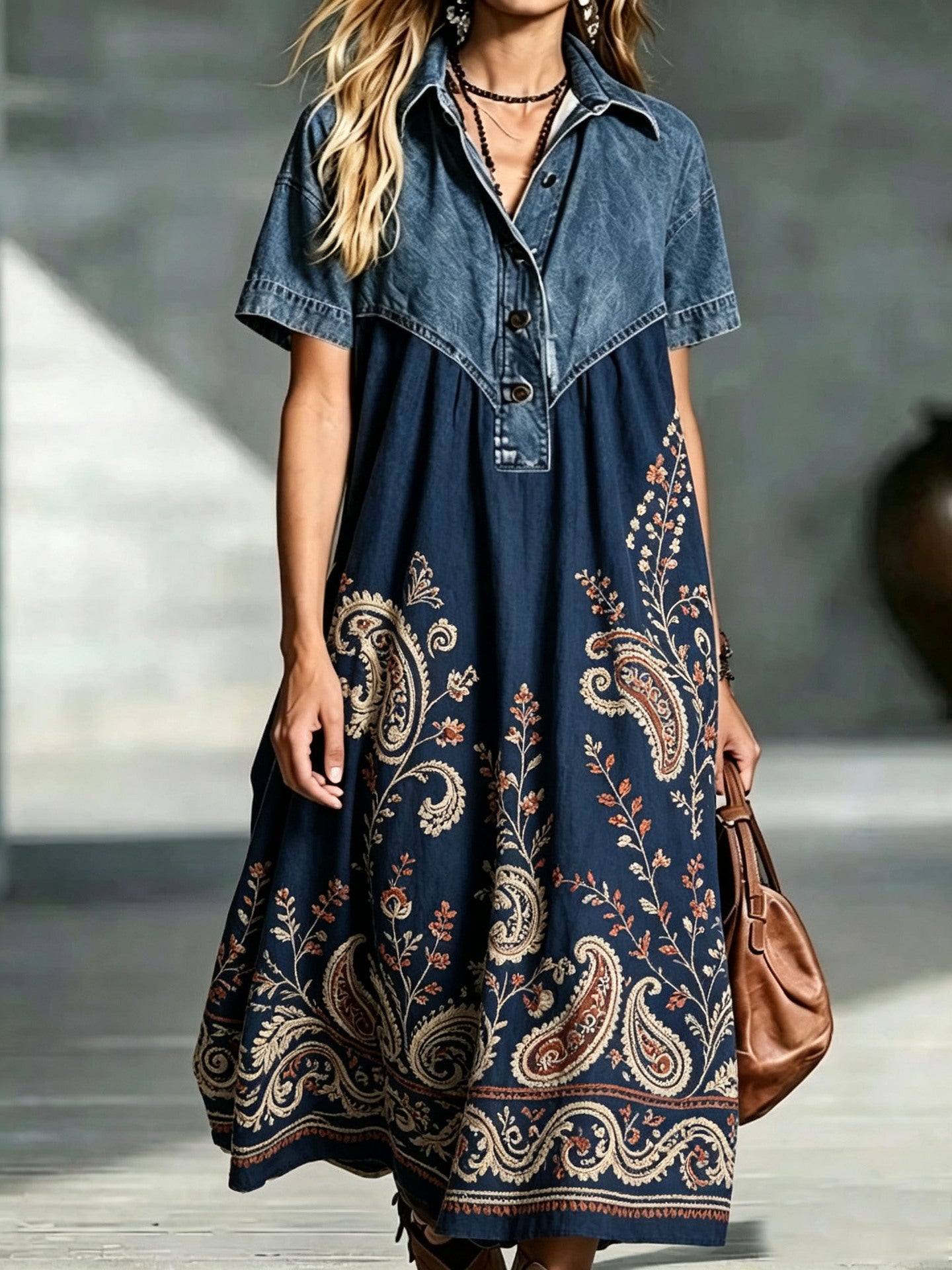 Women's Casual Fashion Denim Stitching Loose Retro Dress