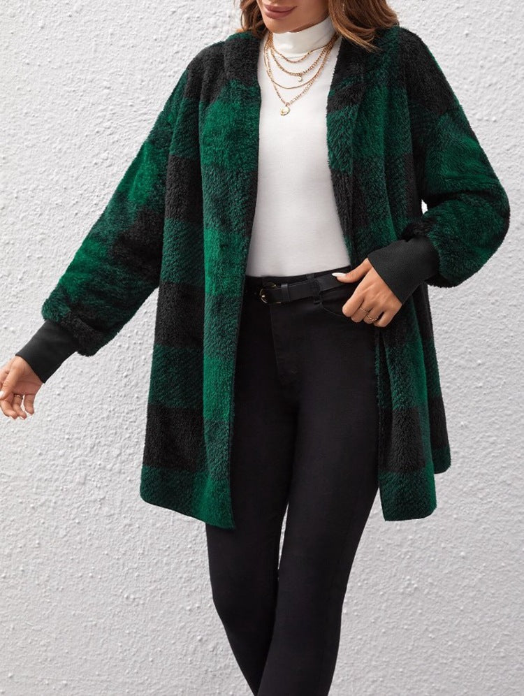 Women's Loose Plaid Color Stitching Knitted Fashion Coats