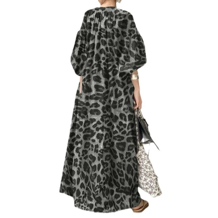 Temperament Leopard Print Printed Stand Collar Puff Sleeve Fashion Loose Dress