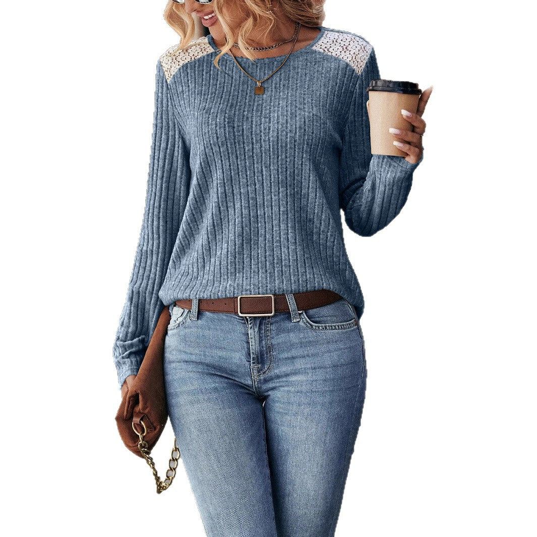 Women's Neck Sunken Stripe Brushed Lace Long Sweater