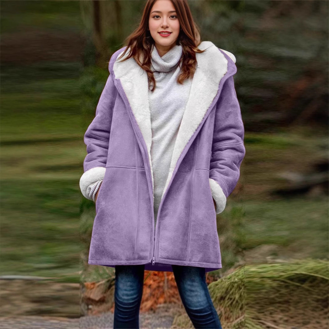 Women's Loose Veet Thickened Solid Color Mid-length Coats