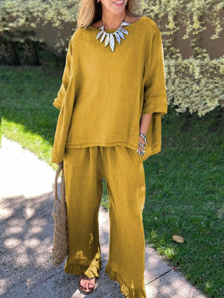 Women's Cotton Linen Solid Color Loose Trousers Fashion Casual Suit