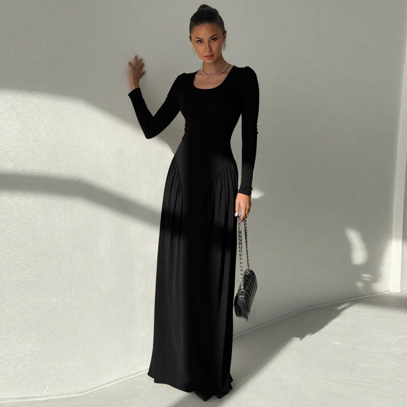 Women's French Elegant Temperament Pure Color Waist Trimming Lace Up Dress